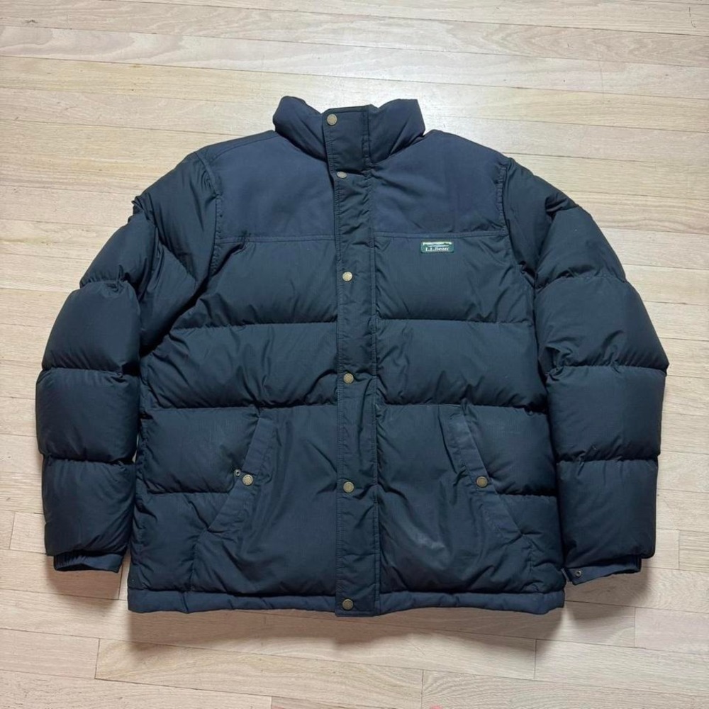 LL Bean Men's XL REG Black Down Puffer Hooded Jacket Water Repellent Winter Warm